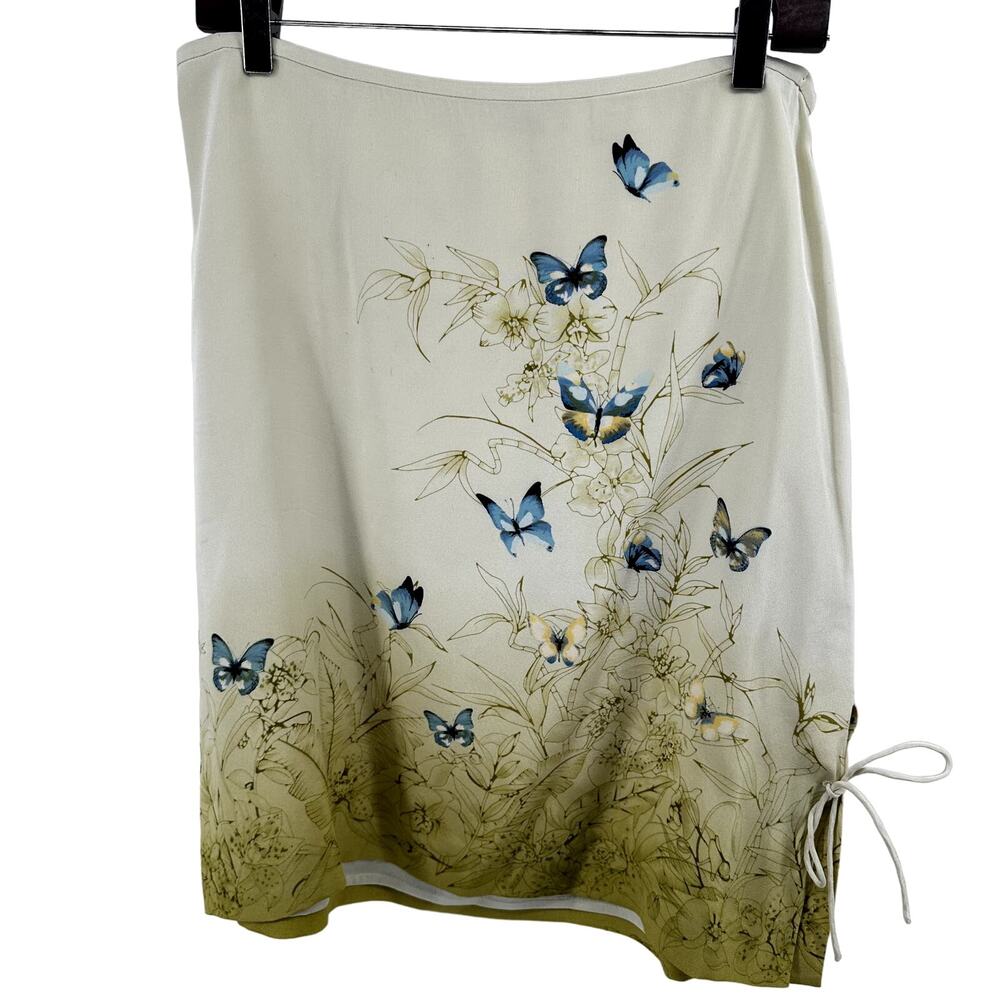 Tommy Bahama 100% Silk Mini Skirt Butterfly Print Tie Slit Lined Cream Green 8